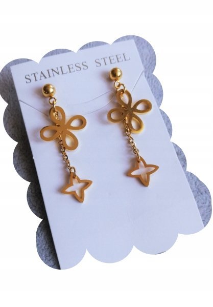 Wiszące Kolczyki Kwiat Koniczyna Sztyft Złota Stal