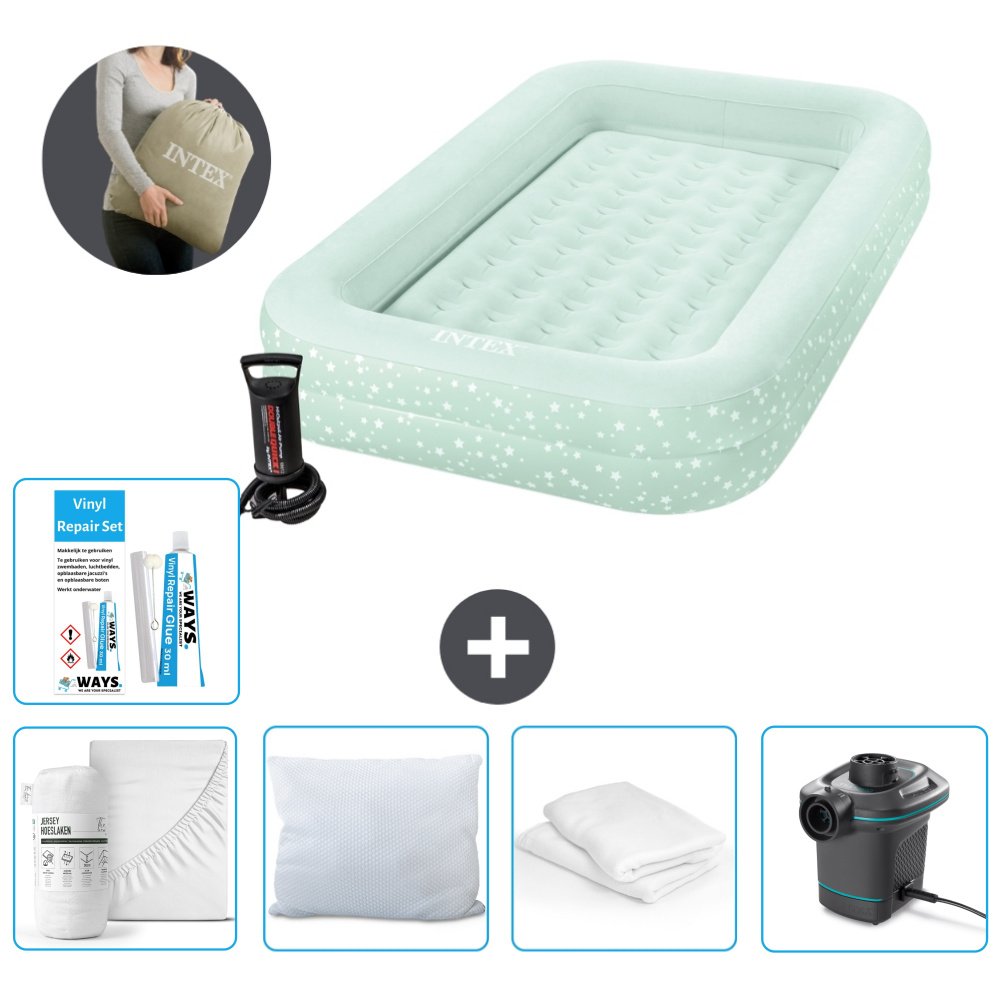 Materac dmuchany Intex Kidz - 1 osoba - 107 x 168 x 25 cm - Miętowa zieleń - W zestawie pompka - prześcieradło - pompka - zestaw naprawczy en ochraniacz na poduszkę