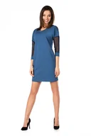 Sukienki - Jeansowa Dopasowana Sukienka z Transparentnym Rękawem 3/4 - miniaturka - grafika 1