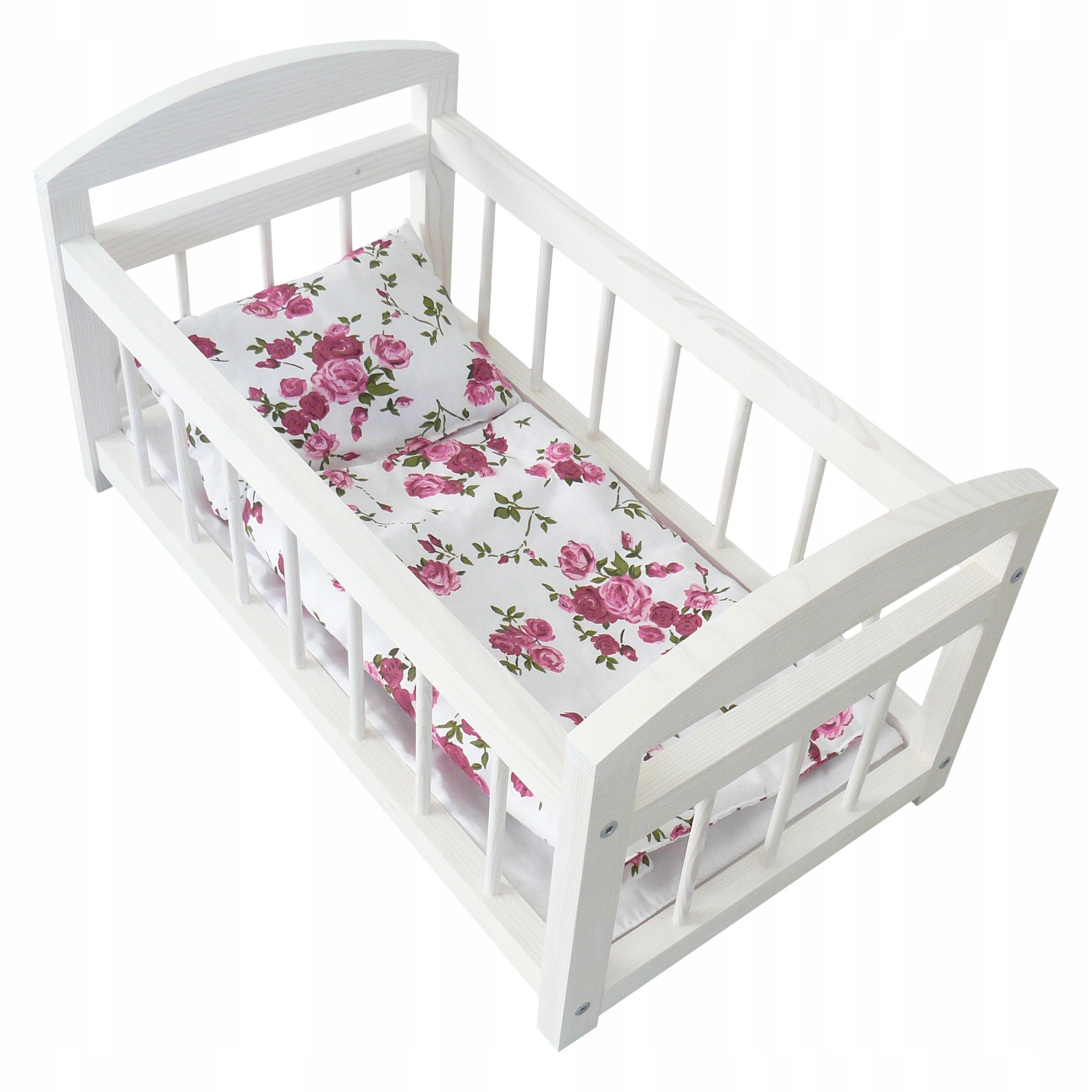 Drewniane Łóżeczko Kołyska Dla Lalek Białe Pościel Róże Zabawka Pokój