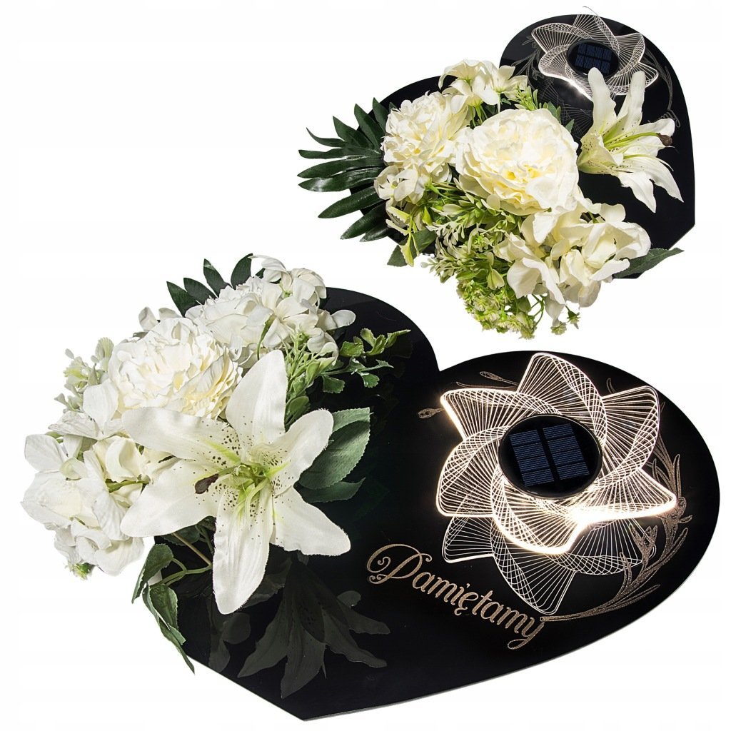 Wiązanka na grób ze zniczem solarnym KOMPOZYCJA KWIATOWA podstawka serce