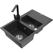 Zlewozmywaki z baterią - Mexen Gaspar zlewozmywak granitowy 1,5-komorowy z ociekaczem i baterią kuchenną Rita, czarny nakrapiany - miniaturka - grafika 1