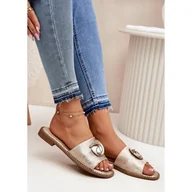 Klapki i japonki damskie - S.Barski Klapki Damskie Na Płaskim Obcasie Z Ozdobnym Detalem KV51-007 Złote złoty - miniaturka - grafika 1