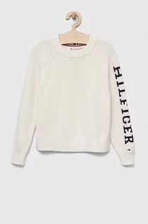 Swetry dla dziewczynek - Tommy Hilfiger sweter bawełniany dziecięcy kolor biały ciepły - grafika 1
