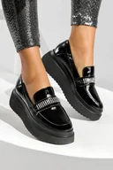 Mokasyny damskie - Czarne mokasyny skórzane damskie na platformie z cyrkoniami PRODUKT POLSKI Casu 2636-600-NO-36 - miniaturka - grafika 1