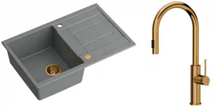 Quadron Zlewozmywak granitowy jednokomorowy 78*50*22 cm z ociekaczem MORGAN 111 SILVER STONE z miedzianym odpływem z baterią JENNIFER Q LINE SLIM z wyciąganą wylewką i funkcją prysznica kolor miedziany - Zlewozmywaki z baterią - miniaturka - grafika 1