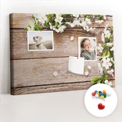 Tablice i flipcharty - Szkolna Tablica korkowa 60x40 cm, Kolorowe Pinezki, wzór Kwiaty na drewnie - miniaturka - grafika 1