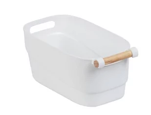 Wenko Pojemnik plastikowy z drewnianą rączką biały 18 x 15,5 x 33,5 cm 54019100 - Koszyki łazienkowe - miniaturka - grafika 1