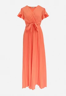 Pomarańczowa Elegancka Sukienka Maxi w Plisy z Kopertowym Dekoltem i Wiązaniem Thessi - Sukienki - miniaturka - grafika 1