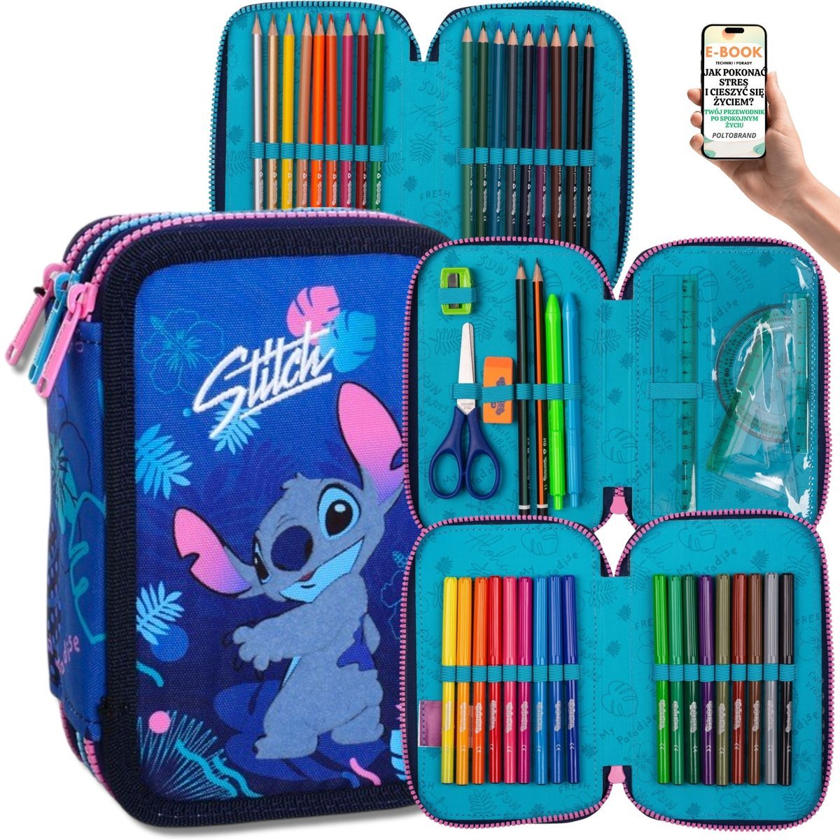 TRZYKOMOROWY PIÓRNIK STITCH Z WYPOSAŻENIEM ZESTAW PRZYBORÓW SZKOLNYCH + EBOOK-1