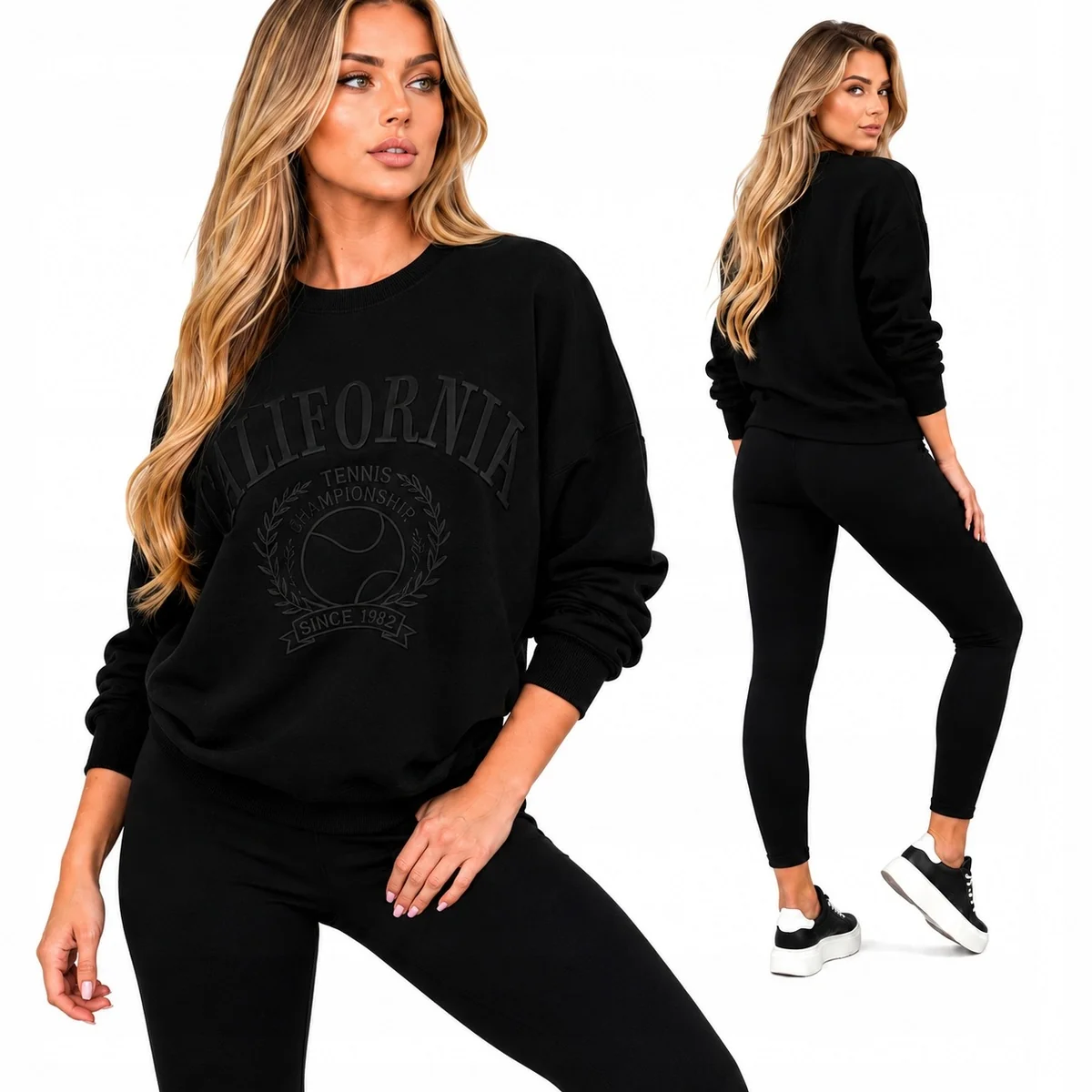 MEGA MODNY KOMPLET DAMSKI CZARNY WYGODNY ZESTAW DRESOWY BLUZA LEGGINSY