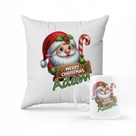 Gadżety dla niej i dla niego - ZESTAW PODUSZKA + KUBEK Święty Mikołaj zabawny wzór prezent święta + IMIĘ 2 - miniaturka - grafika 1