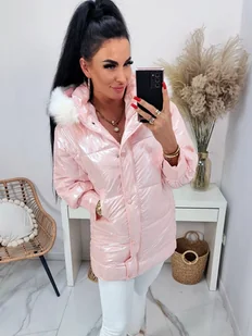 Zimowa holograficzna kurtka Karina z kapturem i białym futerkiem - różowa holo - ETNEE - Kurtki damskie - miniaturka - grafika 1