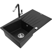Zlewozmywaki z baterią - Mexen Cesar zlewozmywak granitowy 1-komorowy z ociekaczem i baterią kuchenną Flora, czarny - miniaturka - grafika 1
