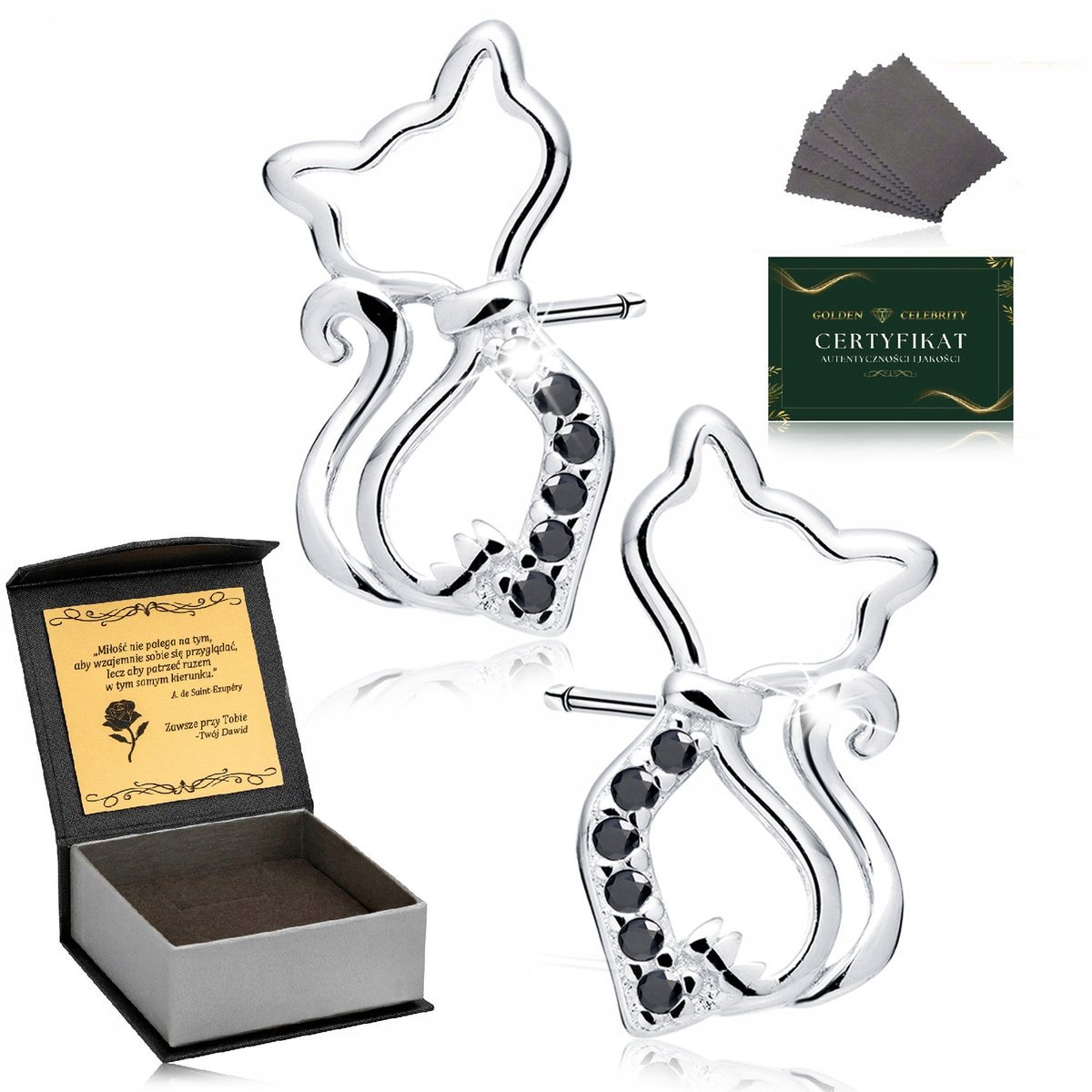 Srebrne Kolczyki Damskie Kotki Z Cyrkoniami Srebro 925 Dla Niej + Grawer