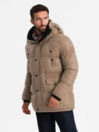 Kurtki męskie - Długa męska kurtka puffer brązowa V2 OM-JALJ-0186 XL - miniaturka - grafika 1