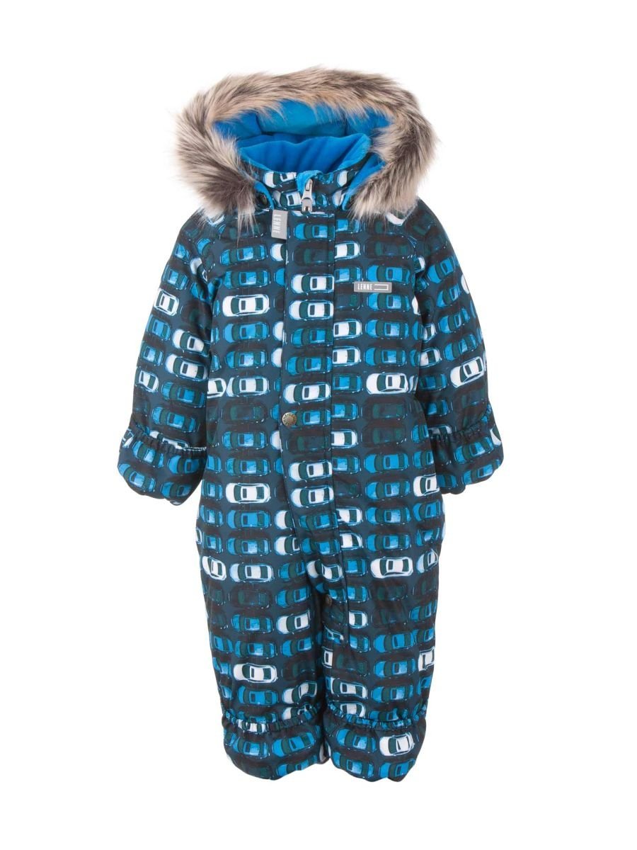 Chłopięcy niemowlęcy kombinezon zimowy ZOO autka ciemnoniebieski Lenne r.68