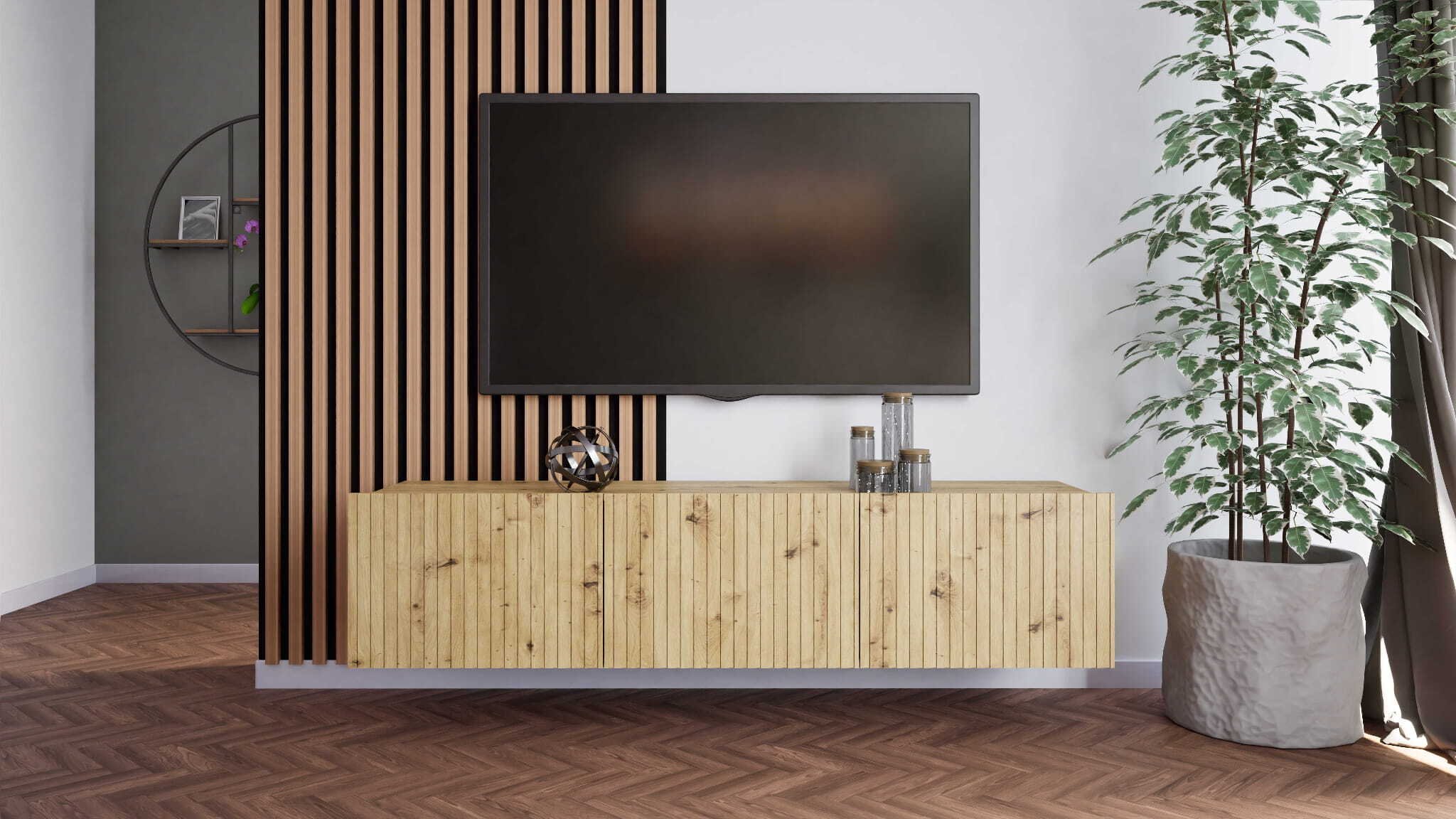 Szafka RTV Wisząca KOLDER Szerokość 150 cm Dąb Artisan Ryflowany Front Do Salonu KL-02-DAR