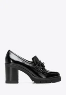 Półbuty męskie - Damskie czółenka ze skóry lakierowanej na masywnym słupku czarne - miniaturka - grafika 1