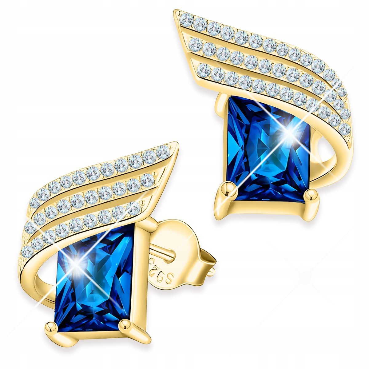 Złote Kolczyki Niebieskie Kryształy Cyrkonie Kwadraty Skrzydła SREBRO 925