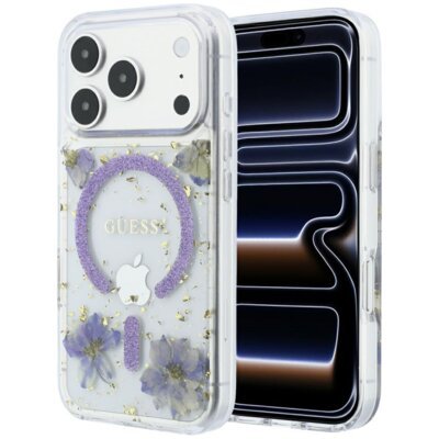 Etui GUESS Resin Flowers Glitter MagSafe do Apple iPhone 17 Pro/18 Pro Przezroczysto-fioletowy