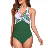 Stroje kąpielowe - Little Hand Damski kostium kąpielowy, trójkąt, dekolt w kształcie litery V, paski, wyszczuplające brzuch, jednoczęściowy, moda kąpielowa, strój kąpielowy, 2-zielony kwiat, M - miniaturka - grafika 1