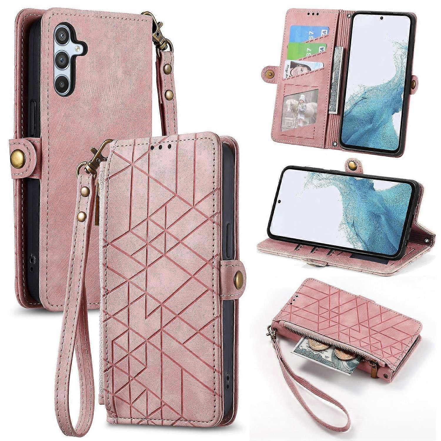 Do Samsung Galaxy A56 5G Etui Zipper Portfel Geometria Linie Skórzany pokrowiec na telefon-różowy Wielobarwny Pink