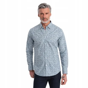 Koszula męska SLIM FIT w print drobnych liści j.niebieska V1 OM-SHPS-0163 S - Koszule męskie - miniaturka - grafika 1