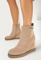 Botki damskie - Ciemnobeżowe Botki na Koturnie z Ozdobną Klamerką z Cyrkoniami Atuna - miniaturka - grafika 1