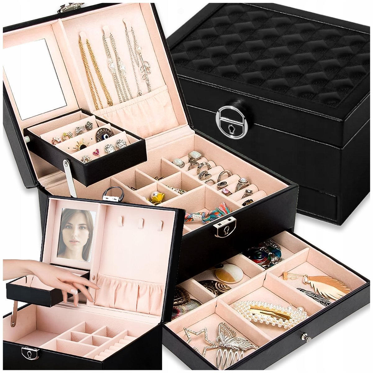 BIAŁY KUFEREK SZKATUŁKA ORGANIZER NA BIŻUTERIĘ Z SZUFLADAMI LUSTERKIEM BOX