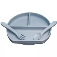 Zestawy naczyń dla dzieci - MYROYS, Silikonowy talerzyk ze sztućcami Niebieski - miniaturka - grafika 1