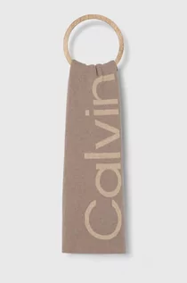 Apaszki i szaliki damskie - Calvin Klein szalik z domieszką wełny kolor beżowy wzorzysty - grafika 1