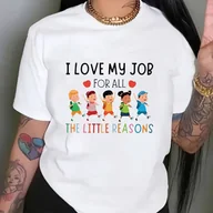 Bluzki damskie - TEMU Koszulka damska "I Love " w jasnoróżowym kolorze z nadrukiem - krótki rękaw, okrągły dekolt, casualowa bluzka z kolorowymi postaciami, pranie - miniaturka - grafika 1