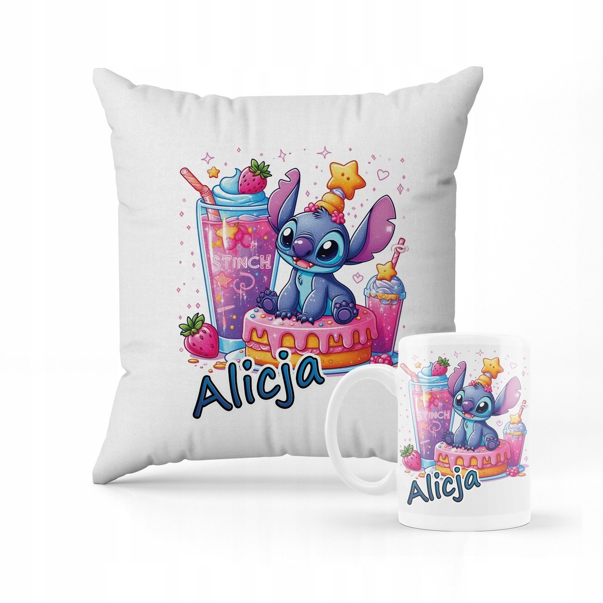 ZESTAW PODUSZKA + KUBEK PREZENT DLA DZIECKA STICH STITCH STICZ + IMIĘ #12