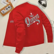 Kurtki damskie - TEMU Kurtka damska „QUEEN” z kryształkami – casualowa z kołnierzem stojącym i zamkiem błyskotliwym wzorem diamentowym, długie rękawy na jesień/zimę, - miniaturka - grafika 1