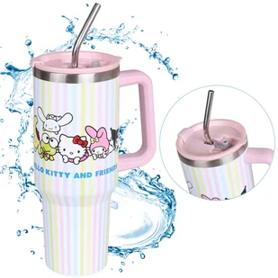 Hello Kitty and Friends kubek TERMICZNY z metalową słomką ustnikiem, stal nierdzewna, kubek do samochodu DUŻY 1,18l - Kubki termiczne - miniaturka - grafika 1