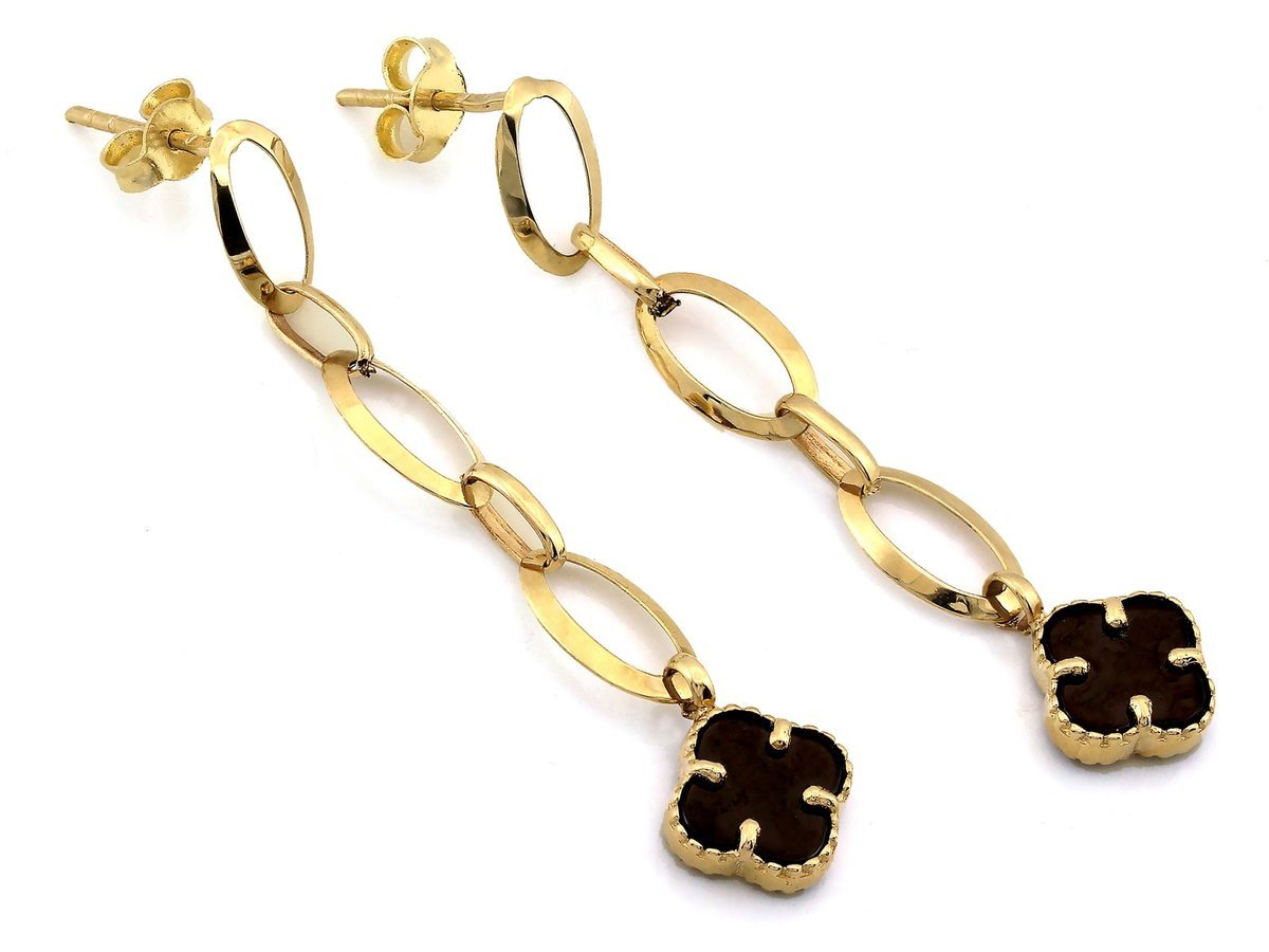 Złote kolczyki 585 wiszące modne nowy trend duże ogniwa czarny kwiat 2.78g