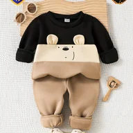 Dresy i komplety dla chłopców - TEMU Warnerski Zestaw dla Dzieci 2 szt., Stylowe Kolorowe B z Nadrukiem Misia i Uszami 3D, Urocza Bluza z Polarową Podszewką na Długie Rękawy - miniaturka - grafika 1