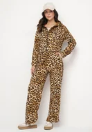 Spodnie sportowe damskie - Jasnobrązowy Komplet Dresowy w Panterkę Bluza z Kapturem i Szerokie Spodnie Virhiris - miniaturka - grafika 1