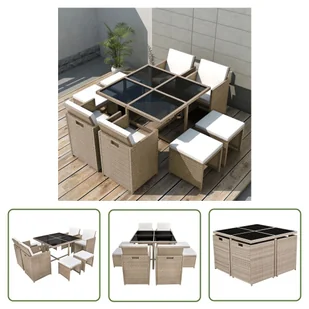 The Living Store 9-cz. zestaw mebli ogrodowych z poduszkami - rattan PE - beżowy - Ogrodowy Stół I Krzesła - Meble ogrodowe - miniaturka - grafika 1