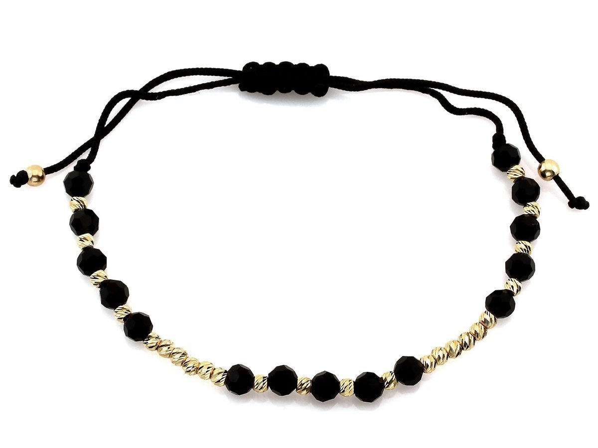 Bransoletka złota 585 14K z kulkami i czarnymi onyksami 0.88g na sznurku