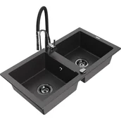 Zlewozmywaki z baterią - Mexen Mario zlewozmywak granitowy 2-komorowy z baterią kuchenną Aster, czarny nakrapiany - miniaturka - grafika 1
