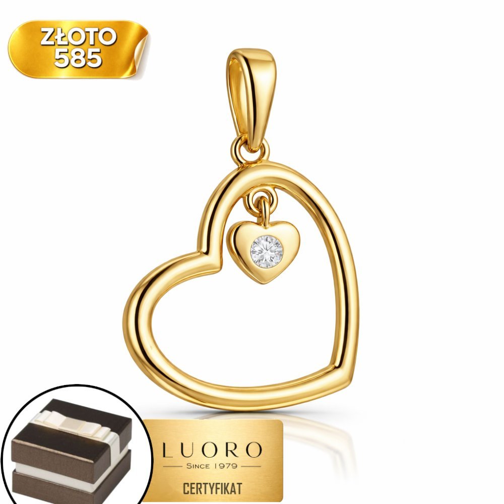 ZAWIESZKA ZŁOTA 585 14K SERCE Z WISZĄCYM SERDUSZKIEM Z CYRKONIĄ 20 MM