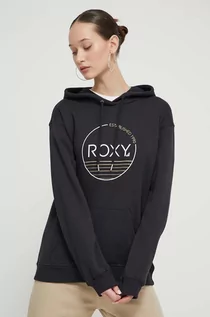 Bluzy damskie - Roxy bluza damska kolor czarny z kapturem z nadrukiem ERJFT04815 - grafika 1