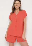 Komplety damskie - Pomarańczowy Komplet z Wiskozą Bluzka Zdobiona Guzikami i Szorty Nitamea - miniaturka - grafika 1