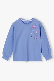 Bluzki dla dziewczynek - Bluzka z długim rękawem dla dziewczynki - niebieska z kotkiem - grafika 1
