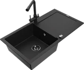 Zlewozmywaki z baterią - Mexen Leo zlewozmywak granitowy 1-komorowy z ociekaczem i baterią kuchenną Duero, czarny - 6501-77-671600-70-B - miniaturka - grafika 1