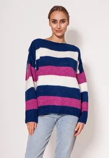 Oversize'owy sweter w paski - SWE299 kobalt/róż/ecru MKM - Swetry damskie - miniaturka - grafika 1