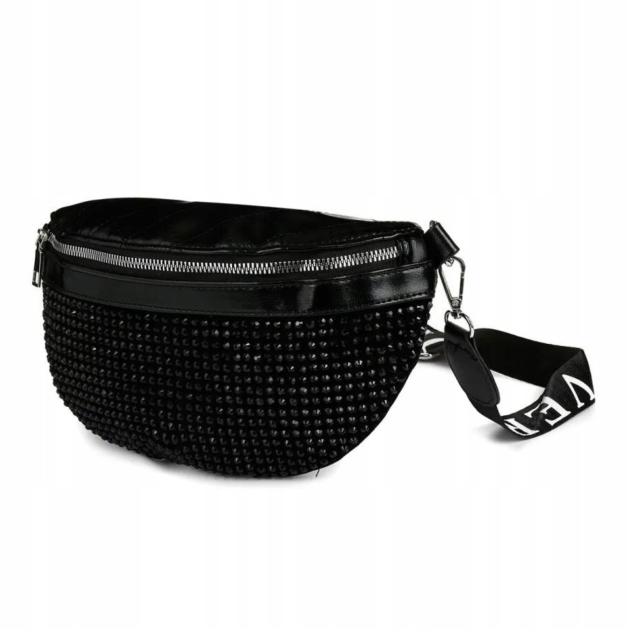 Saszetka Damska Nerka TOREBKA Na ramię Pojemna z Paskiem Kryształki Czarna