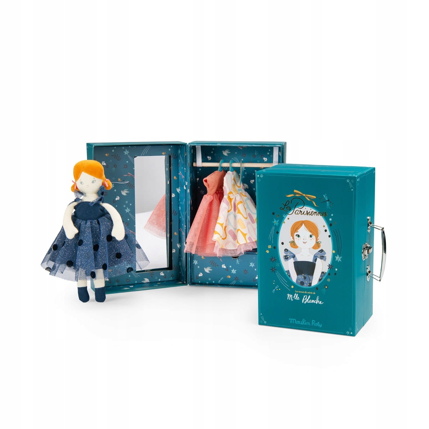Moulin Roty: lalka Blanche z sukniami wieczorowymi walizka 642573